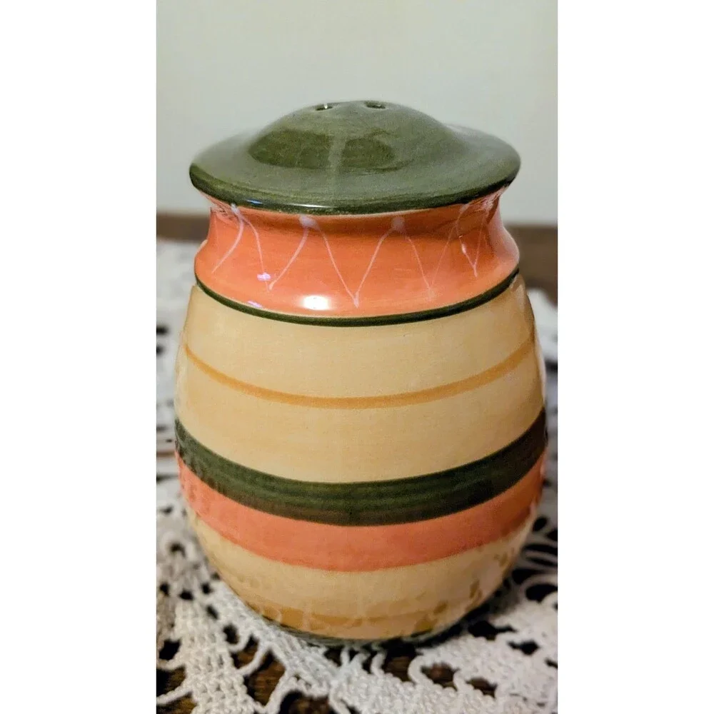 Vintage Striped Salt and Pepper Shakers Hand Painted Ceramic Orange Green Retro